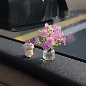 Figura De Resina De Conejo Lindo Con Jarrón De Vidrio Flor Artificial Adorno De Salpicadero De Coche Sanación Decoración De Escritorio Miniatura
