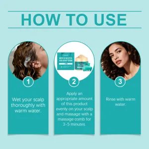 Detailed instruction graphic showing step-by-step scalp scrub application and hair care.