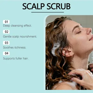 Detailed view of scalp scrub application, showing deep cleansing foam and nourishing care.