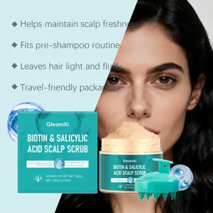 Close-up detail showing the refreshing scalp scrub jar with brush and clean model backdrop.