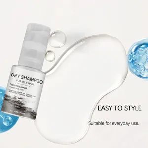 Close-up detail of dry shampoo bottle with clean liquid splash background for hair care.