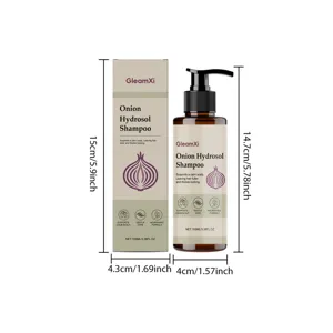 GleamXi Zwiebel Hydrolat Shampoo Detailansicht mit Flaschenabmessungen und Verpackungsdesign.