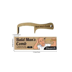 Close-up detail of wooden funny bald man comb with packaging and dimensions shown clearly.