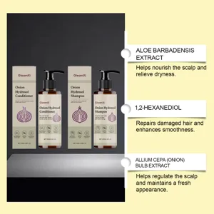 Detailansicht von GleamXi Zwiebel Hydrolat Shampoo und Conditioner mit Inhaltsstoffen.