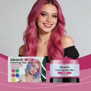 Gleamxi temporäres rosa Haargel Detailansicht zeigt Produktverpackung und helle Farbe.