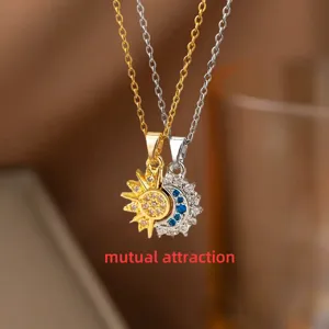 Edelstahl Sonne Und Mond Paar Halskette Strass Pave Stern Anhänger Schlüsselbein Kette Schmuck Für Damen Herren Geschenk