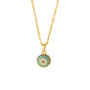 Detailed macro shot of a gold-plated necklace featuring a vibrant blue Evil Eye pendant