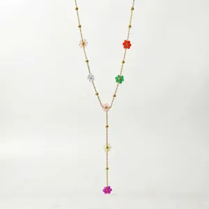 Collar en Y vintage de acero titanio dorado con flores de cuentas de colores para mujer