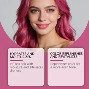 Detailaufnahme mit leuchtend rosa Haartönung, feuchtigkeitsspendender Formel und gleichmäßigem Ton.