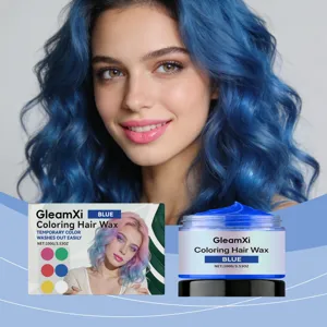 Detailansicht des temporären blauen Haargels in Dose und Verpackung mit leuchtendem Farbeffekt.