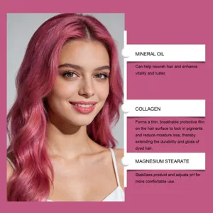 Nahaufnahme der Inhaltsstoffvorteile und des lebendigen pinken Haarfärbeeffekts.