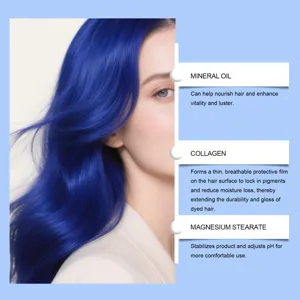 Blaues temporäres Haarfärbecreme-Detailbild mit Kerninhaltsstoffen und Produktwirkung.