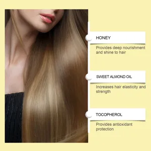 Nahaufnahme Detailansicht von blondem Haar mit intensiv nährender Honig und Mandelöl Formel.