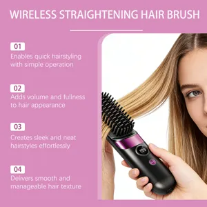 Detail view of the wireless straightening hair brush showing digital display and hair styling.