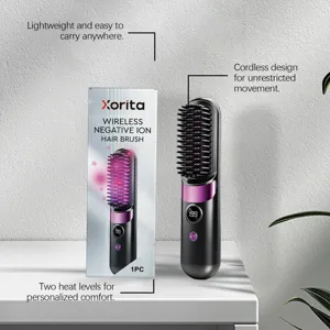 Wireless negative ion hair brush with portable cordless design and two heat levels for easy use.