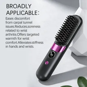 Detail shot of wireless hair straightening brush with LED display, sleek black and purple design.
