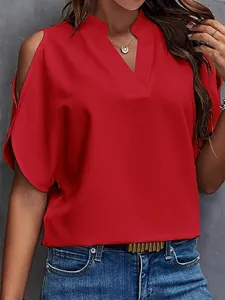 Stylish solid color V-neck cold shoulder summer women blouse casual short sleeve top