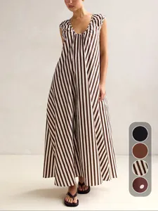 Elegant U-neck sleeveless maxi dress with chic brown and white stripes for summer.