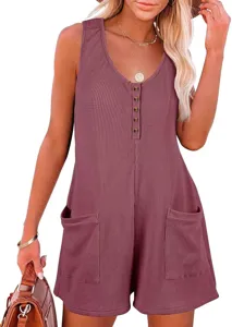 Women summer waffle knit button front sleeveless romper casual pocket jumpsuit shorts outfit