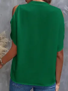 Women solid color cold shoulder summer blouse detail view, elegant casual daily wear top.