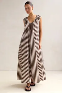 Brown white striped U-neck maxi dress, elegant sleeveless summer casual long dress
