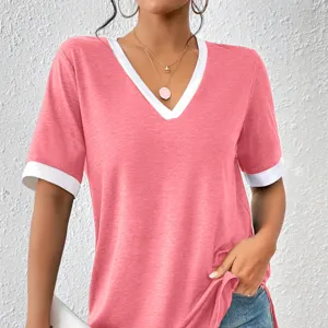 Donna estate casual largo collo V contrasto manica corta T-shirt top rosa chiaro tee