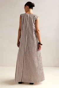 Brown and white vertical striped sleeveless maxi dress, elegant summer long dress back view details.