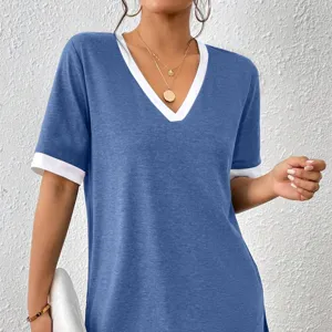 Maglietta Donna Scollo V Contrasto Manica Corta Lunga Casual Ampia Top Estivo Chic