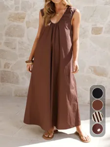 Summer casual sleeveless U-neck maxi dress for women, elegant loose long dress with solid color.