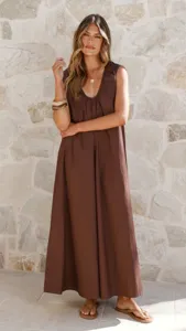 Casual elegant summer sleeveless U-neck maxi dress in solid brown, perfect daily style.