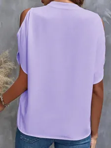 Women summer casual cold shoulder purple top, elegant V-neck solid color blouse back detail.