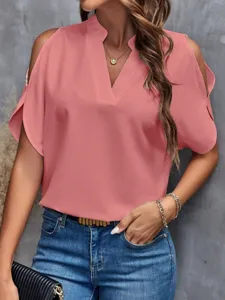 Women Elegant Solid Color V-Neck Cold Shoulder Short Sleeve Top Casual Summer Blouse