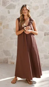 Detail view of elegant brown U-neck sleeveless maxi dress, perfect for summer casual wear.