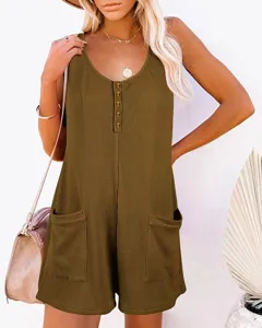 Casual summer waffle knit button front pocket sleeveless romper jumpsuit detail view for women
