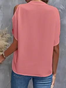 Elegant women casual cold shoulder short sleeve V neck summer top in solid pink color.