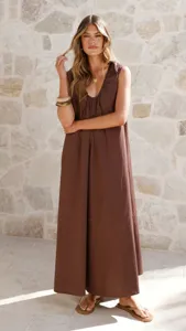 Elegant brown U-neck sleeveless maxi dress for women, perfect for summer casual daily wear.