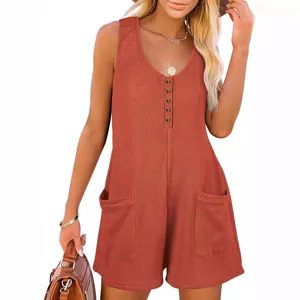 Women's casual waffle knit sleeveless button-front romper with pockets for summer daily wear.