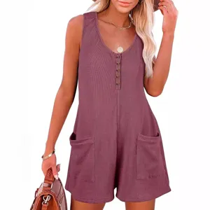 Women Casual Waffle Knit Sleeveless Button Pocket Romper Summer Beachwear Jumpsuit