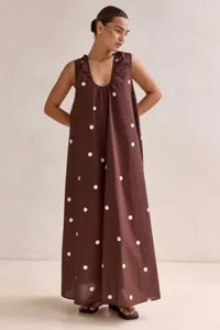 Elegant brown polka dot U-neck sleeveless maxi dress for women summer fashion daily wear.