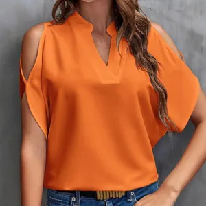 Women solid color cold shoulder V-neck short sleeve casual summer fashion blouse top