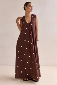 Chic brown polka dot sleeveless maxi dress for women elegant summer casual wear daily outfit