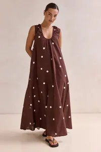 Summer women casual brown polka dot sleeveless U-neck maxi dress elegant long dress