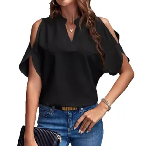 Elegant solid V-neck cold shoulder women blouse summer casual fashion chic top apparel wear