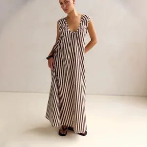 Brown white striped U-neck sleeveless maxi dress for women summer casual wear main view