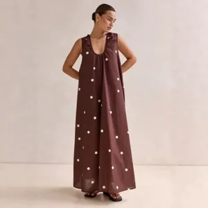 Stylish Women Brown Polka Dot Sleeveless Maxi Dress Elegant U-Neck Summer Long Dress