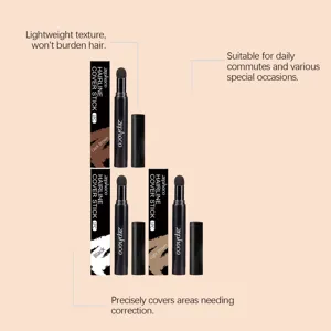 Détail du stick correcteur de cheveux avec trois teintes et une texture légère et précise.