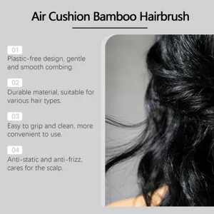 Detail shot of air cushion bamboo hairbrush showing product features and hair care benefits.