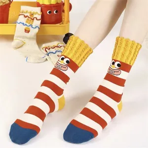 Cute funny french fry mid tube socks for women, dopamine style striped cotton socks, casual wear.