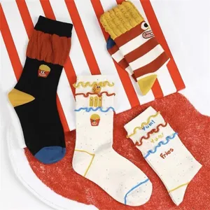 Cute funny french fries embroidered cotton mid-tube socks for women dopamine style.