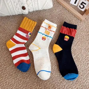 Cute funny fries pattern women cotton mid-tube socks, dopamine style comfortable casual daily wear.
